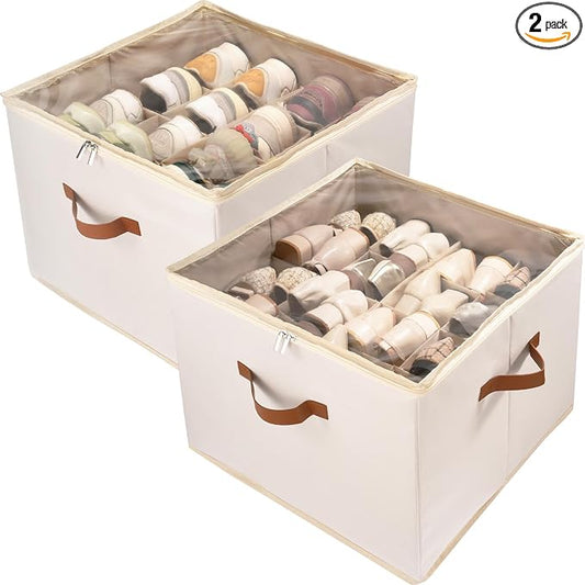 Shoe Organizer Box 2 Pack, Shoe Storage Organizer with Clear Cover, Adjustable Dividers Fits 16-32 Pairs, Fabric Shoe Organizer for Closet, Beige by Vexalora