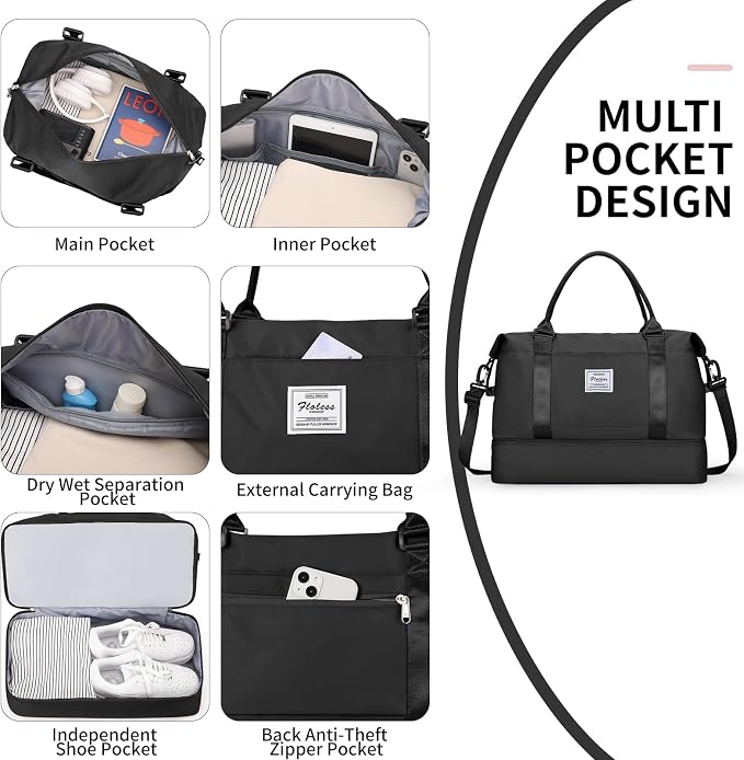 Travel Duffel Bag, Carry On Overnight Weekender Bags for Women | Travel Bag with Wet Pocket & Trolley Sleeve, For Spirit Airlines 18x14x8 Personal Item Bag - Image 7