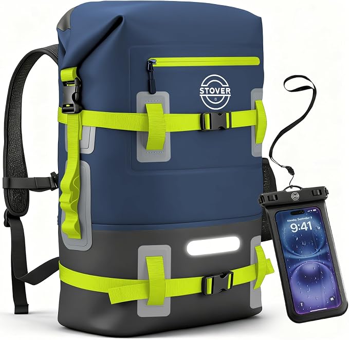 STOVER 30/40/55L Waterproof Dry Backpack & Phone Case - 2XL Floating Dry Bag for Kayaking, Travel, Hiking, Fishing, Camping, Motorcycles & Beach, Heavy-Duty Roll Top Men/Women (Navy Blue/Black/Green) by STOVER