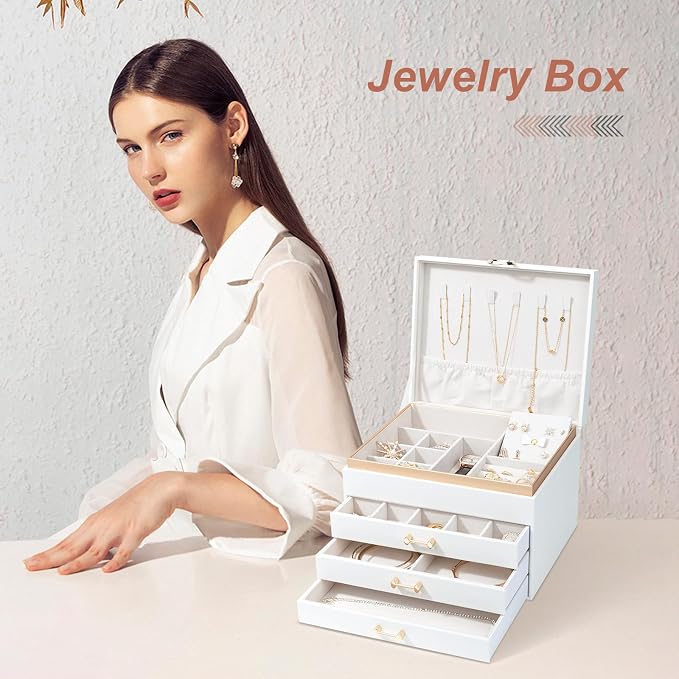 Jewelry Organizer Box, Women Jewelry Box White Jewelry Case 3-Layer with 3 Drawers, Jewelry Boxes for Women Jewelry Organizer, White - Image 5