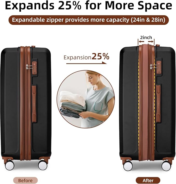 LARVENDER Luggage Sets 6 Piece, Suitcases With Wheels, Expandable Hardshell Carry on Luggage Suitcase Set, Lightweight Travel Luggage Set with TSA Locks for Men and Women, Black - Image 2