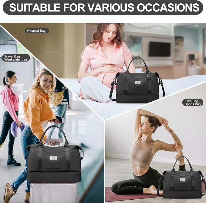 Weekender Bags for Women,Travel Duffle Overnight Bag with Shoe Compartment,Personal Item Carry On Bag,3 Pcs Set,Medium(Black) - Image 9