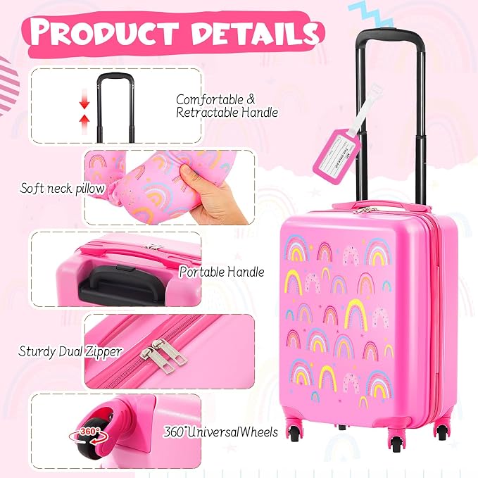 Sanwuta 4 Pcs Kids Luggage Set Back to School Gifts for Girls Boys Carry On Rolling Suitcase Backpack Neck Pillow Travel Set(20 Inch,Rainbow Style,Pink) - Image 3