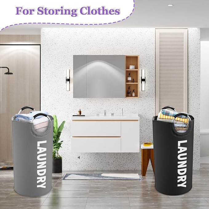 2Pcs Large Laundry Hamper for Adult, 95L Folding Clothes Basket with Handles, Dirty Clothes Hampers for Bedroom, Stand-alone Laundry Bin for Family, Hotel, Dorm, Grey/Black - Image 4