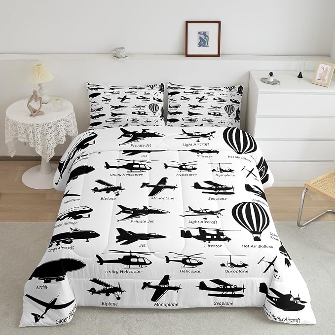 Erosebridal Airplane Comforter Set Twin,Black White Airplanes Bedding Set Space Rocket Aircraft Down Comforter for Boys Kids Teens Room Decor,Helicopter Biplane Quilt Duvet Sets with 1 Pillow Case - Image 2