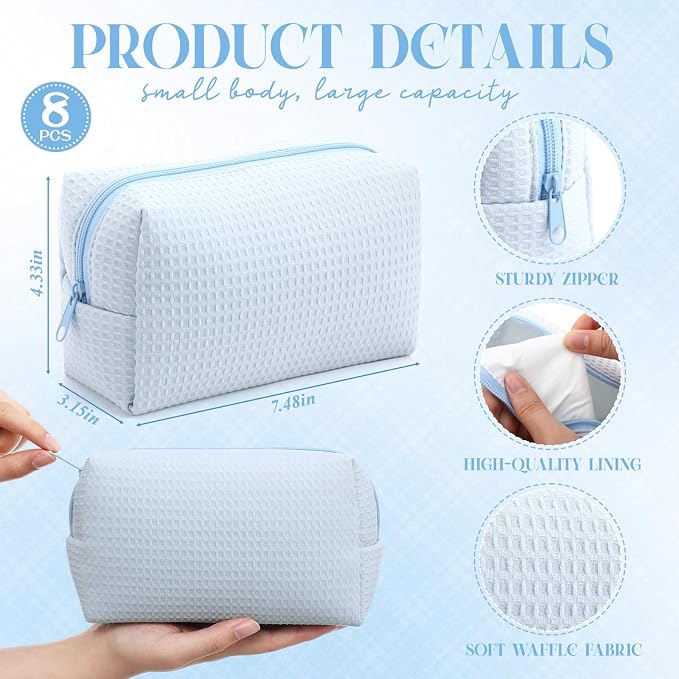 Gilprop 8 Pcs Holiday Gifts for Women Cozy Makeup Bag Portable Travel Waffle Toiletry Bag Soft Wedding Makeup Organizer Large Pouch with Zipper for Bridesmaid Friend (Light Blue) - Image 2