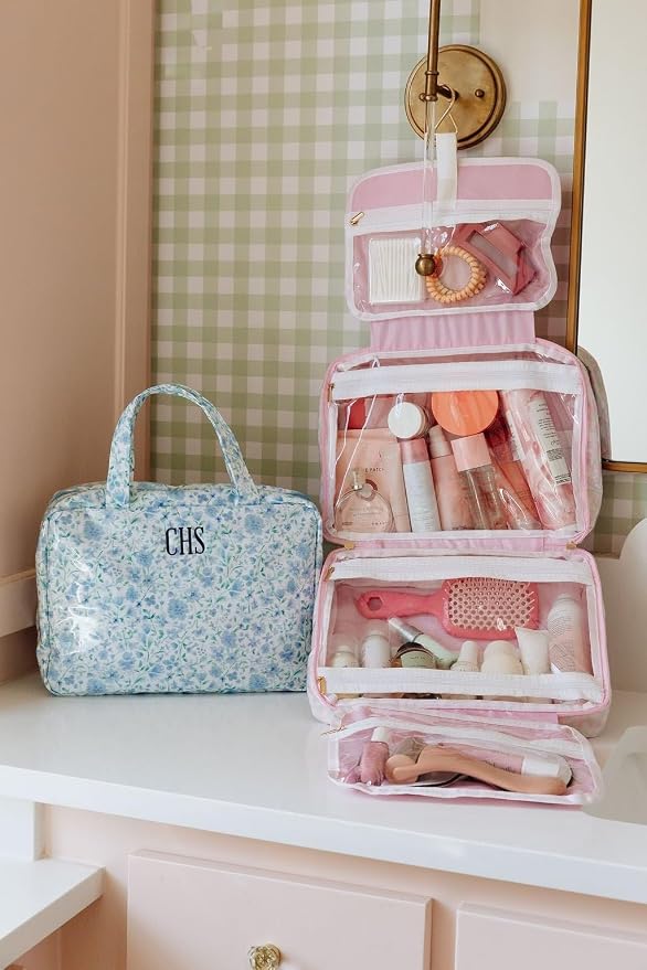 Personalized Hanging Toiletry Bag - Embroidered Travel Organizer for Women, Clear-Coated Makeup Bag with 4 Zipper Compartments, Foldable Organizer, Monogrammed Gift (Palm) - Image 7