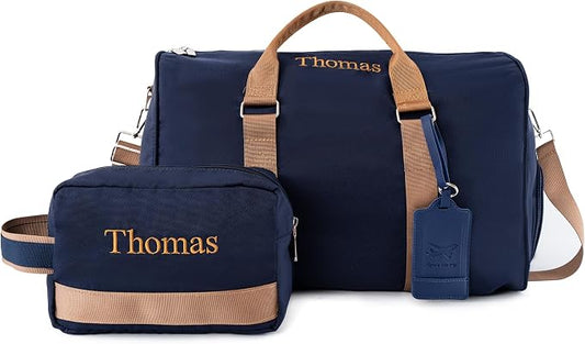Travel Duffle Bag Set for Men Boys Personalized Weekender Overnight Bag with Embroidered Name - Custom Canvas Duffle Bag with Toiletry Bag and Shoe Compartment for Travel Trip Workout (Blue) by MTIANG