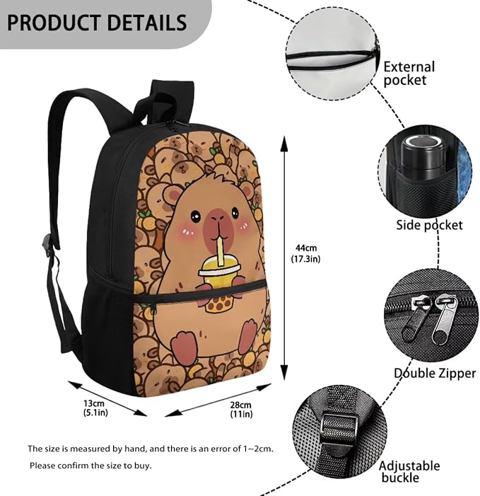 Capybara Backpack Kids School Backpack with Lunch Box Water Bottle Sleeve and Pencil Case Bookmark Matching 5 in 1 Bookbag Set for Girls Boys Back to School Gifts - Image 3