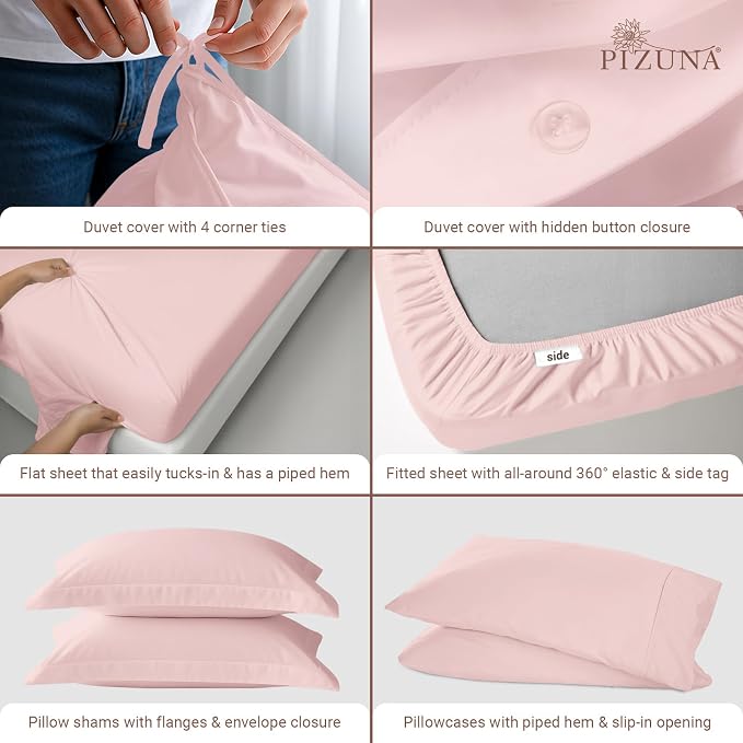 Pizuna Pure 100% Long-Staple Cotton Duvet Cover + Sheet Set Queen, Luxurious 400 Thread Count Long Staple Cotton, Soft Sateen Weave Bedding Set (Light Pink) - Image 4