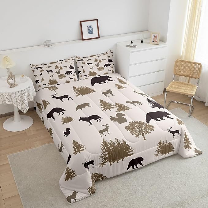 Erosebridal Bear Comforter King Size,Elk Moose Squirrel Wolf Wildlife Printed Bedding Set,Farmhouse Animal Silhouette Duvet Insert for Teens Youth,Rustic Woodland Inner Fill with 2 Pillowcases - Image 4