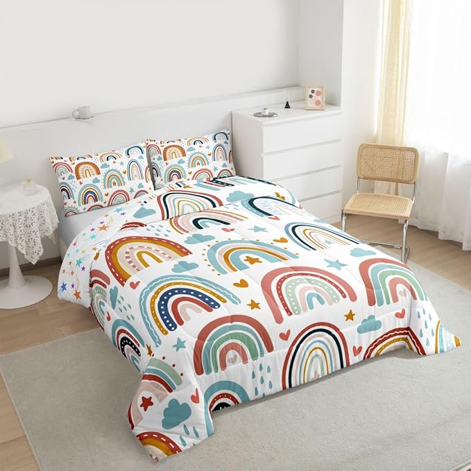 Erosebridal Rainbow Comforter Set for Girls, Cartoon Rainbow Bedding Set Queen Size for Kids Boys Women Bedroom Decor, Love Heart Stars Duvet Insert Hand Drawn Iridescent Down Comforter, Colorful - Image 4