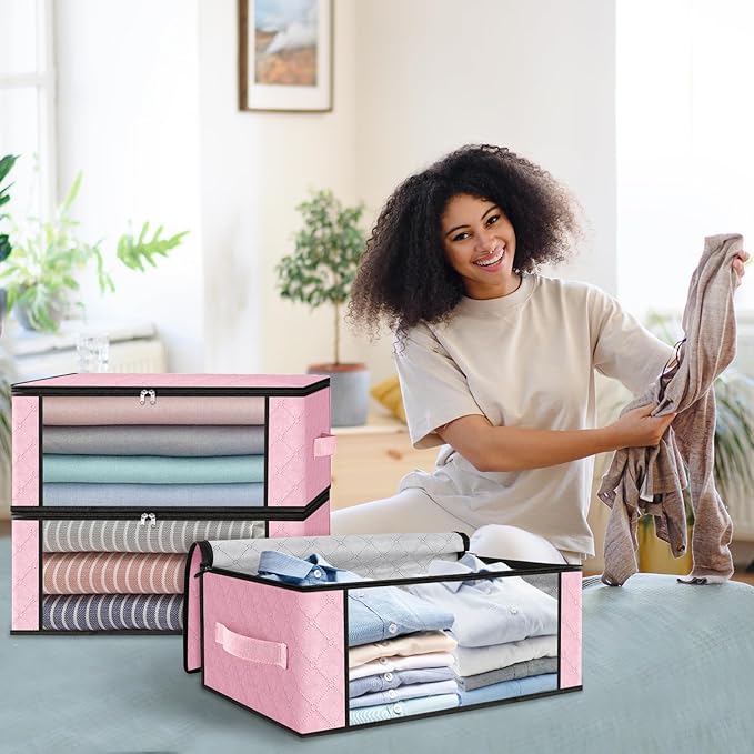 HomeHacks Storage 6-Pack Clothes Organizer Storage Bags Foldable Storage Box with Large Clear Window Sturdy Handles for Closet, Dorm, Pillows, Bedding, Clothes, Blankets, 35L, Pink - Image 7