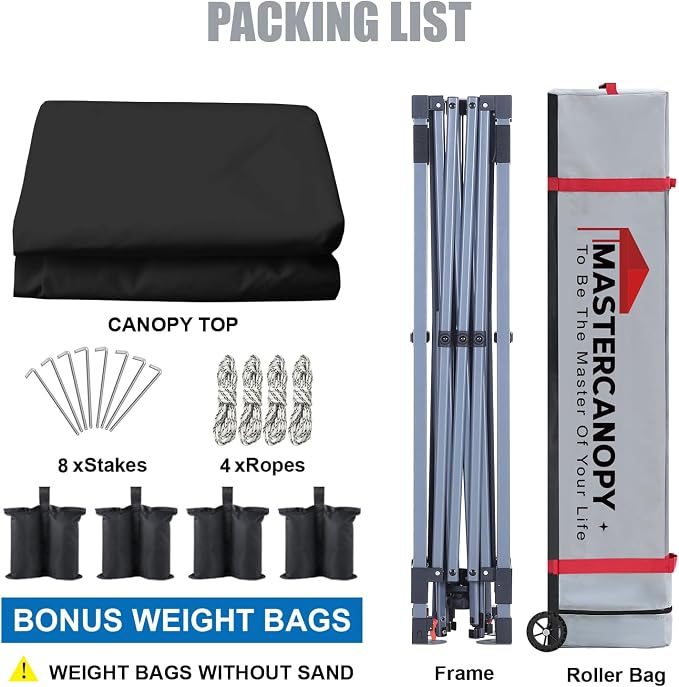 MASTERCANOPY 10x10 Pop Up Canopy Tent, 1 Person Setup Instant Shelter,Outdoor Portable Beach Canopy with Roller Bag, 4 Sandbags, 4 Ropes, 8 Stakes (10x10, Black) - Image 5