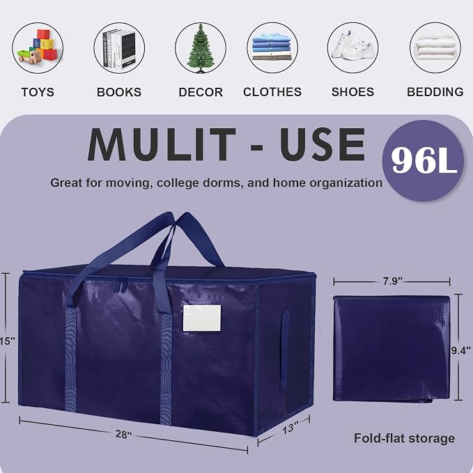 8 Pack-Extra Large Heavy Duty Moving Bags - Waterproof Storage Totes with Handles & Zippers, Foldable for College Dorm, Storage (Dark Blue) - Image 2