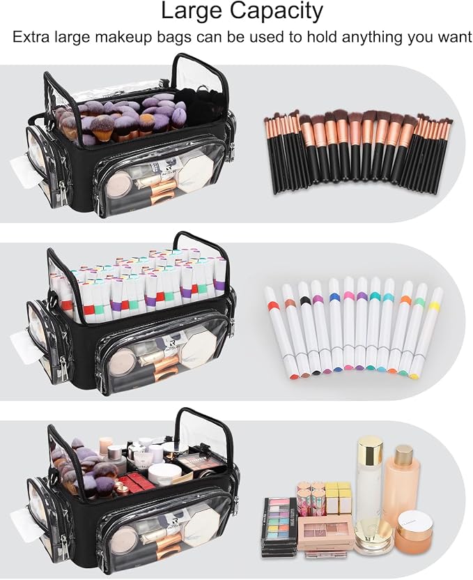 TANTO Makeup Brush Case, Clear Extra Large Cosmetic Organizer Holder Professional Makeup Artist Train Case with Adjustable Dividers&Strap Portable Makeup Brush Holder (02A-Black（XX Large）) - Image 6