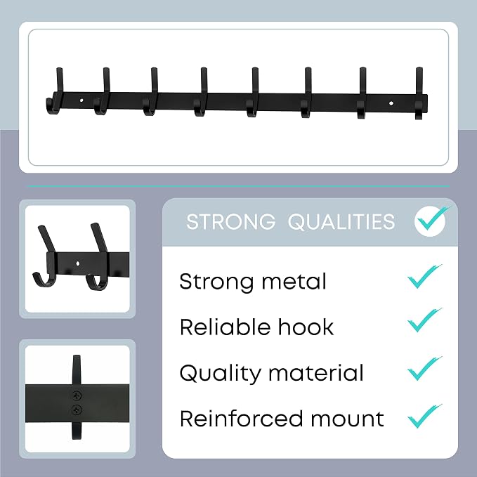 Coat Rack Wall Mount – 24 Inch Stainless Steel Hook Rail with 8 Double Coat Hooks for Hanging – Wall Mounted Entryway Organizer for Coats, Hats, Bags, Towels, Robes, Bedroom or Bathroom - Black - Image 3