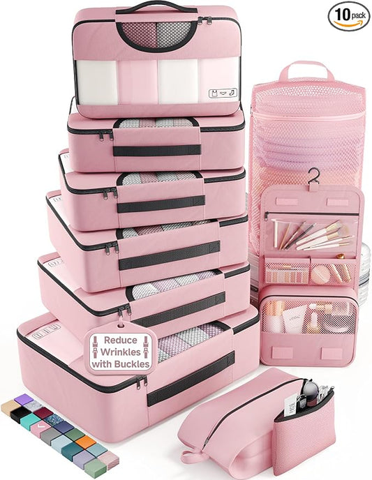 Veken 10 Set Packing Cubes for Travel Essentials,Anti-Wrinkle Buckled Suitcase Organizer for Shoe & Toiletry Bag,Carry On Luggage Bag with 99+ Count Mesh Holes for Airplane & College Dorm Accessories by Veken