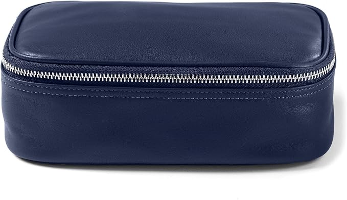 Leatherology Navy Blue Medium Leather Travel Organizer – Toiletry & Tech Case with Zipped Mesh Pocket, Elastic Loops & Water-Resistant Lining – Durable Storage for Everyday Travel - Image 4