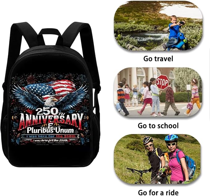 Eagle 250th Anniversary Black Backpack Set Kids Bookbag Primary School American Flag Fireworks Print Large Daypack with Lunch Bag and Pencil Bag, Students Lightweight Knapsack - Image 3