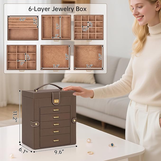 AKOZLIN 6-Tier Jewelry Box Organizer Functional 5 Drawers Leather Jewelry Storage Case for Women Girls Ring Necklace Earring Bracelet Holder Organizer with Mirror Medium Brown - Image 4