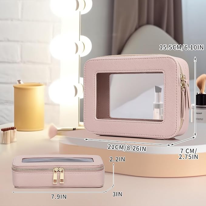 Pinkmik Travel Clear Makeup Bag with Brush Case TSA Approved Toiletry Bag Waterproof Cosmetic Organizer with Zipper Car Essential for Women (Pink, M+SLIM) - Image 4