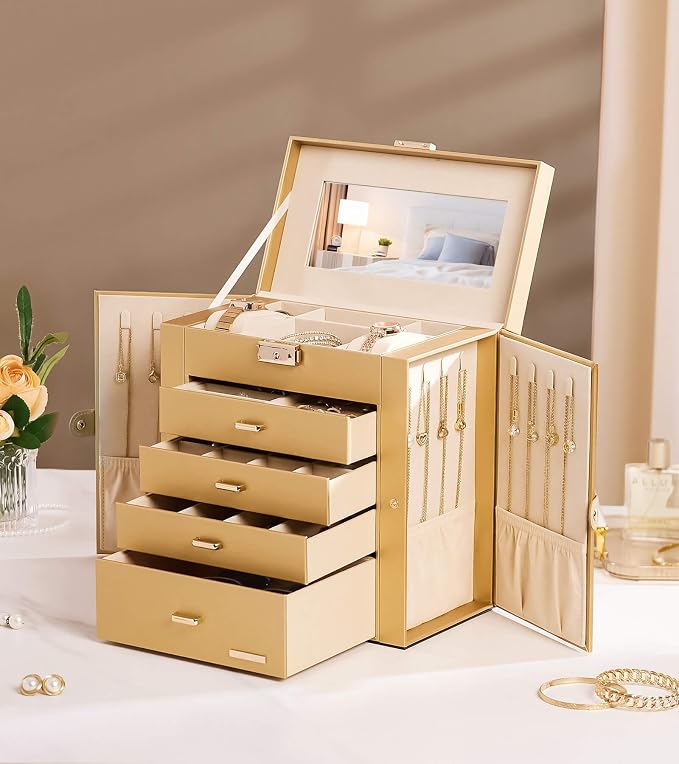 Homde Synthetic Leather Huge Jewelry Box Mirrored Watch Organizer Necklace Ring Earring Storage Lockable Gift Case (Gold) - Image 8