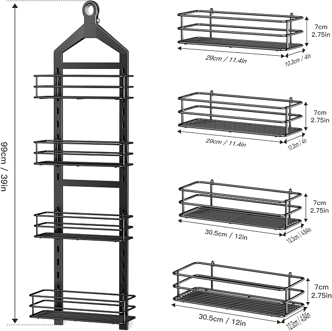 Orimade Adjustable Anti-slip Hanging Shower Caddy over Shower Head,Rustproof Bathroom Hanging shower Organizer with 4 Hooks for Razor,No Drilling Shower shelves Storage Rack,Black 4 Tier - Image 8