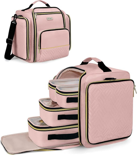 BAFAMYE Large Travel Makeup Bag - Cosmetic Organizer with 4 Removable Inner Pockets, Multi-functional Toiletry Bag for Accessories & Brushes, Women's Beauty Case, Pink by BAFAMYE