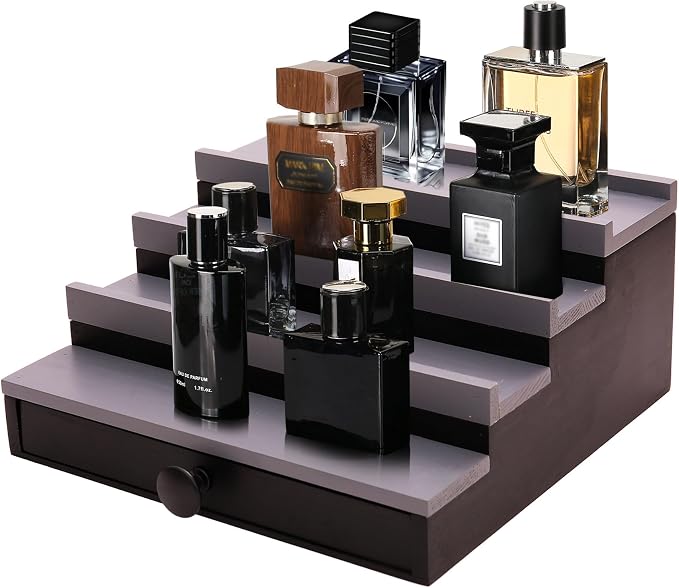 4 Tier Men's Cologne Organizer, Black Gray Wood Display Stand with Drawer | Tiered Cologne Shelf Rack, mens perfume holder, cologne collection, Hidden Storage, Dresser Fragrance Display, Gift for Men by FENGLIGOO