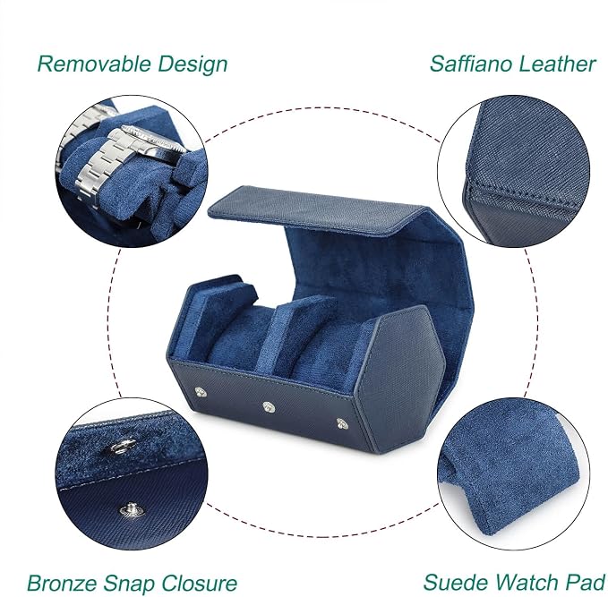 Hiram Genuine Leather Saffiano Watch Roll Travel Case, Leather 2-Watches Roll Case for Treasured Watches and Bracelets(Blue) - Image 4