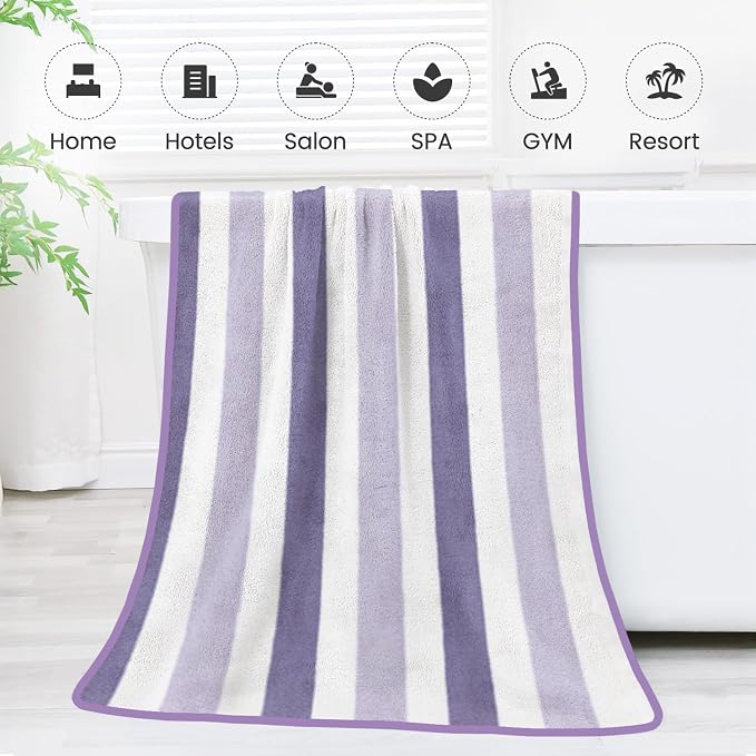 JML Microfiber Bath Towels, Bath Towel 2 Pack 30" x 60", Oversized, Soft, Super Absorbent and Fast Drying, Multipurpose Bathroom Towel Set for Sport, Fitness, Yoga, Coral Fleece Stripe Purple - Image 7