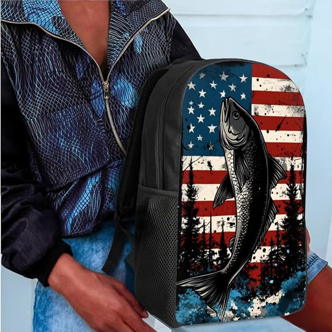 GIFTPUZZ Fish American Flag Backpack Set for Elementary Boys | Vintage Patriotic Print, 4-in-1 School Set, 17 Inch Bookbag with Lunch Box, Pencil Case, Water Bottle Sleeve, Ages 6-8 - Image 4
