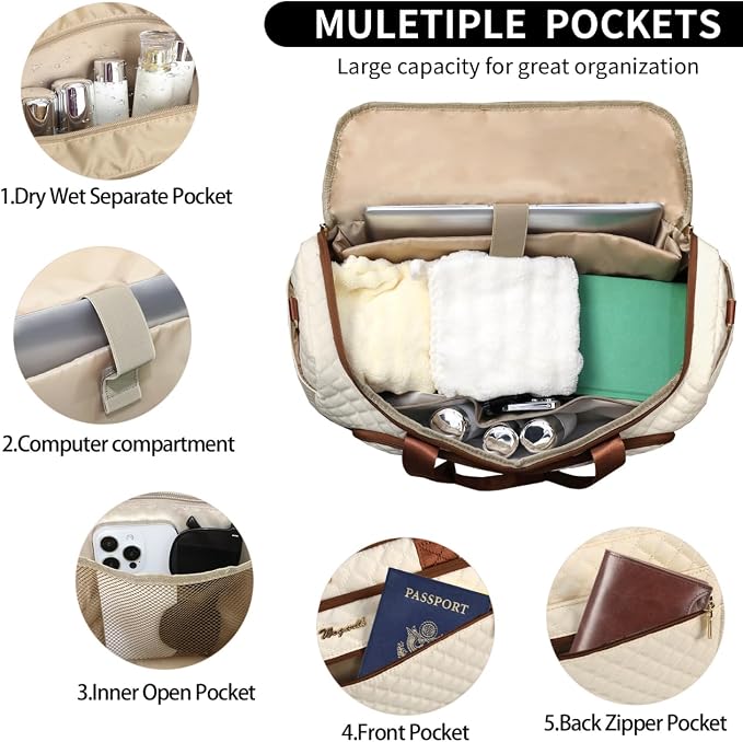 Wogarl 3PCS Weekender Bags for Women Large Overnight Bag Weekend Travel Duffel Bag Carry on Shoulder with Shoe Compartment Canvas Toiletry Bag for Travel Business Gym,Black White - Image 4