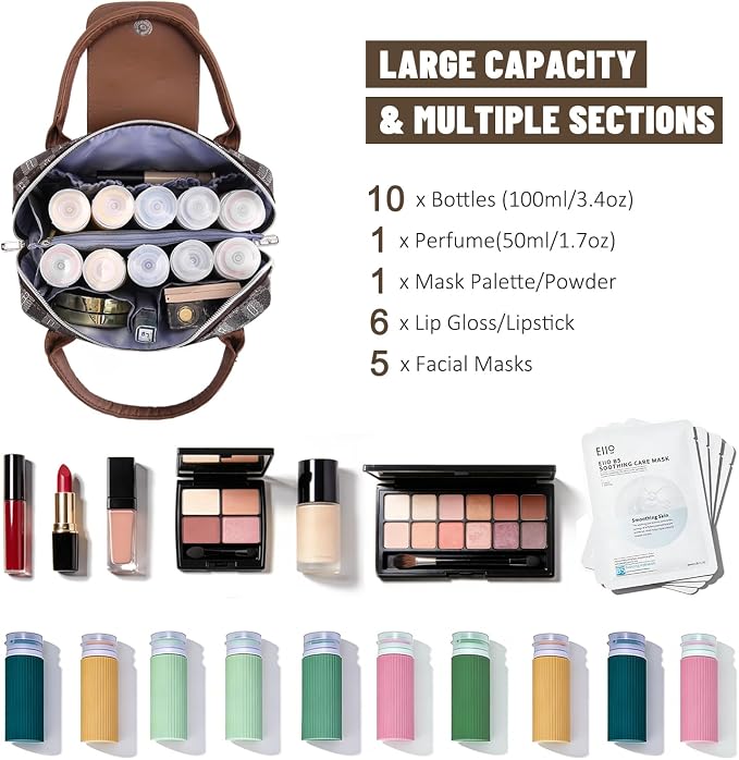 BOYATU Checkered Makeup Bag Organizer with Handle: Large Travel Cosmetic Bag Holds 10+ 100ml Full-Size Bottles for Date & Trip - Waterproof Leather Toiletry Pouch 3-sec Touch-up for Chic Woman(Coffee) - Image 6