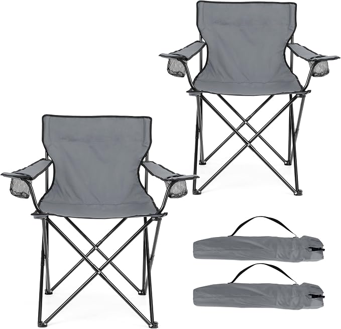 HaSteeL Camping Chair for Adults, Folding Beach Chair Set of 2, Large Foldable Portable Chair for Outdoors Fishing, Hiking, Sporting, Travel, Picnic, Lawn, Hold 275lbs & A Storage Bags (Grey) by HaSteeL