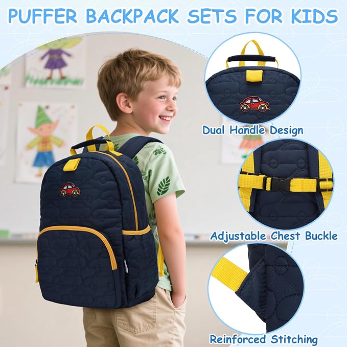Chase Chic Toddler Backpack for Boys, Puffer Cute Lightweight Preschool Backpack with Lunch Box Set for Daycare Travel Kids Age 3-6,Blue Car - Image 6