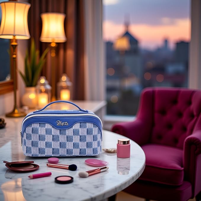 BOYATU Travel Makeup Bag for Women: Large Cosmetic Bag Set of 3 - PU Leather Make up Bag with Compartments - Compact Waterproof Toiletry Bag with Divider & Handle (D-1-Blue) - Image 8