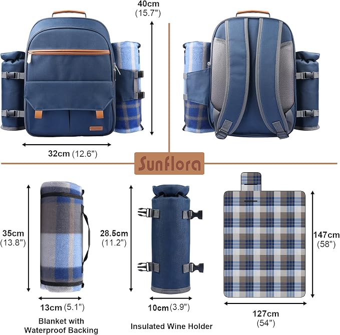 Sunflora Picnic Backpack for 2 Person Set Pack with Insulated Waterproof Pouch for Couple Outdoor Camping (Navy) - Image 3
