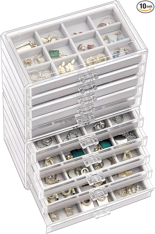 ProCase Earring Holder Organizer Jewelry Box with 10 Drawers, Acrylic Clear Earring Case with Adjustable Velvet Trays for Women - Grey, 10 Layers by ProCase