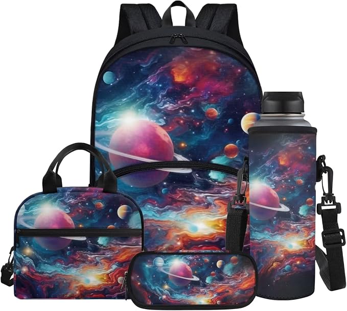 Trippy Nebula Planets Print Backpack Set for Boys Girls School Bookbag with Lunch Bag Pencil Case Water Bottle Cover 4 in 1 Fashion Daypack by Glomenade