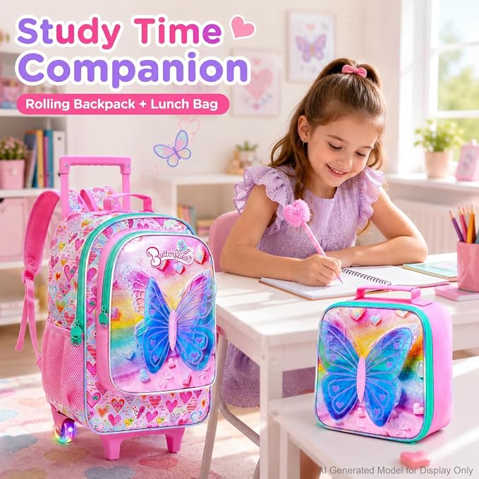 AGSDON 3PCS Rolling Backpack for Girls Boys, Kids Roller Wheels Bookbag, Wheeled School Bag with Lunch Bag - Image 9