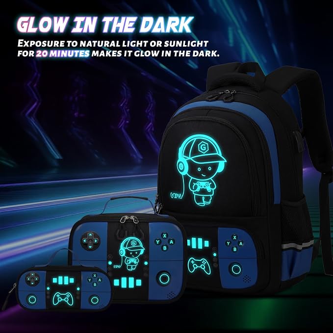 Bevalsa Backpack for School Boys,Cool Luminous Gamer Boys Backpacks with Wired Headphones Lunch Box Pencil Case,Kids Schoolbag for Teens Kindergarten Elementary School(Blue Backpack with Headphones) - Image 3