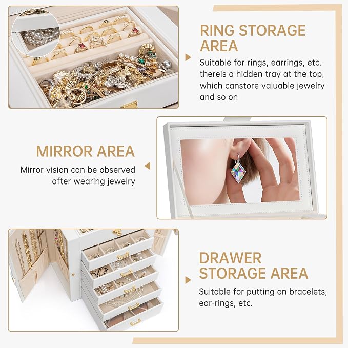AKOZLIN 6-Tier Jewelry Box Organizer Functional 5 Drawers Leather Jewelry Storage Case for Women Girls Ring Necklace Earring Bracelet Holder Organizer with Mirror Medium White - Image 2