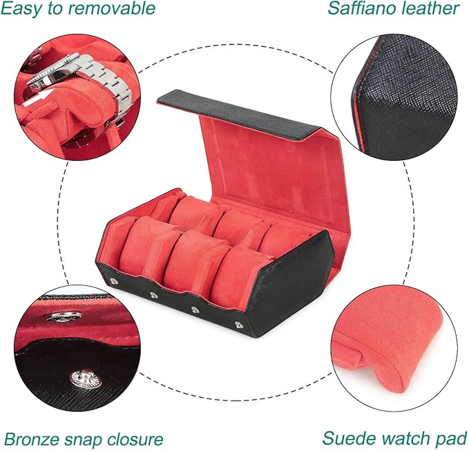 Hiram Genuine Leather Hexagon Watch Roll Travel Case, Leather 6-Watches Roll Case with Removable Pillow Cushion for Treasured Watches and Bracelets -Black Orange - Image 4