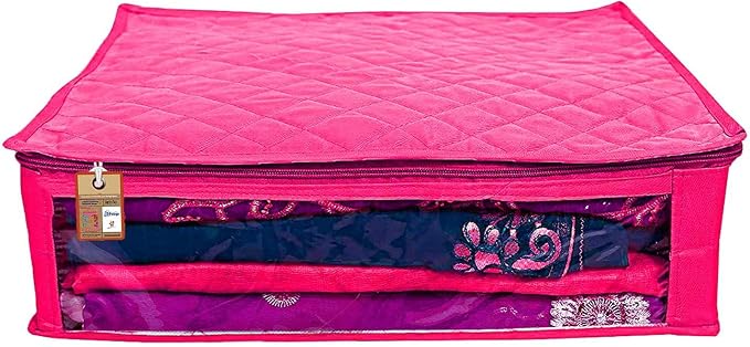 atorakushon Set of 5 Fabric Satin Saree and Blouse Covers Garments Clothes Storage Bag Wardrobe Organizers With Double Zip Lock & Transparent Window (Pink) - Image 2