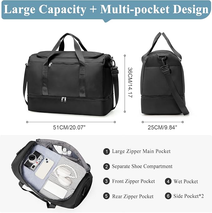 Large Travel Duffle Bag,Carry on Overnight Weekend Bag with Shoes Compartment,Weekender Bags for Women for Travel Business Trips Sport Hospital,Black - Image 4