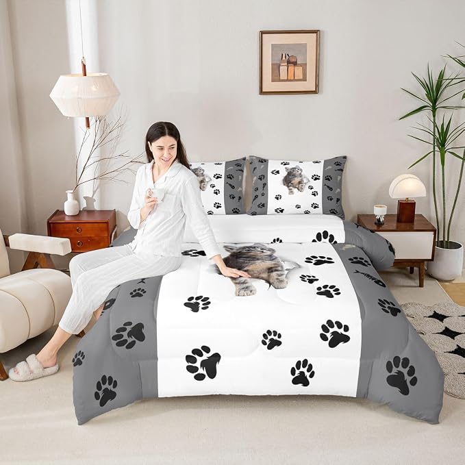 Erosebridal Kids Cat Comforter Set King,3D Cute Kawaii Cat Bedding Set Lovely Animal Kitten Paw Print Down Comforter Boys Cat Lovers' Bedroom,Fish Bone Decor Quilt Duvet Set 2 Pillow Cases, Multi 75 - Image 3