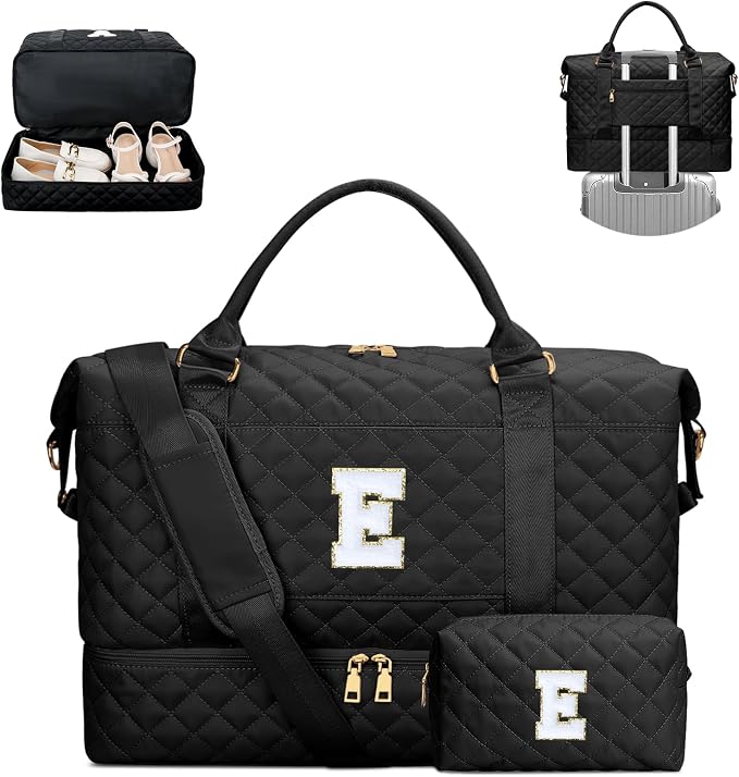 Gifts for Women Girls Initial Travel Duffle Bag Quilted Weekender Carry-On Overnight with Cosmetic Bag, Gym Bag with Shoe Compartment, Black E by Unknown