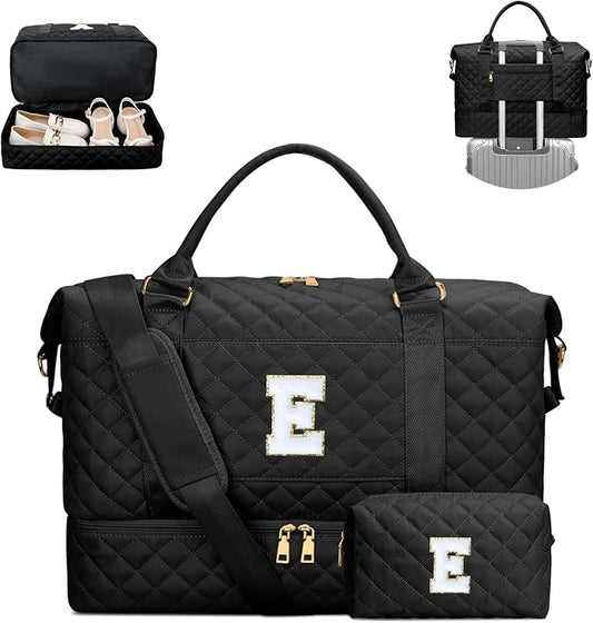 Gifts for Women Girls Initial Travel Duffle Bag Quilted Weekender Carry-On Overnight with Cosmetic Bag, Gym Bag with Shoe Compartment, Black E by Unknown